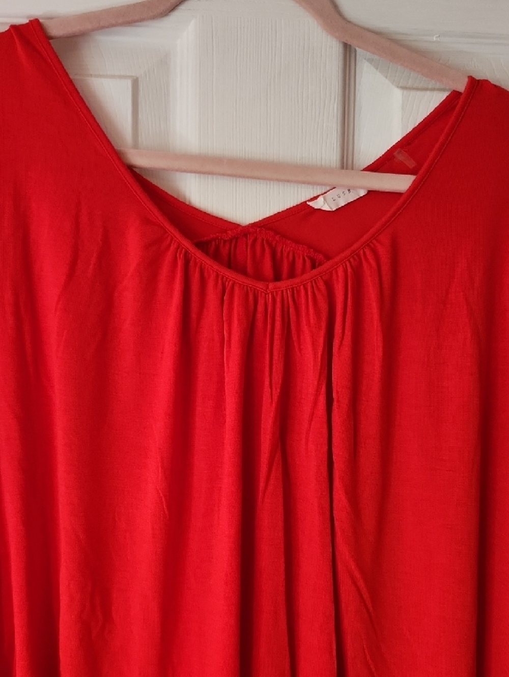 Lush Red Draped Short Sleeve Top Hi-Low - Picture 2 of 7